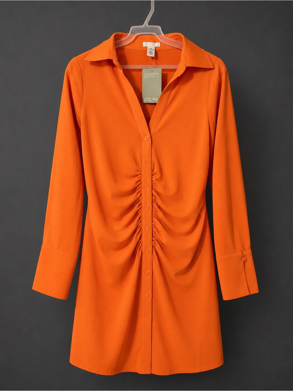H&M Orange Ruched Button Front Shirt Dress NWT Size Large